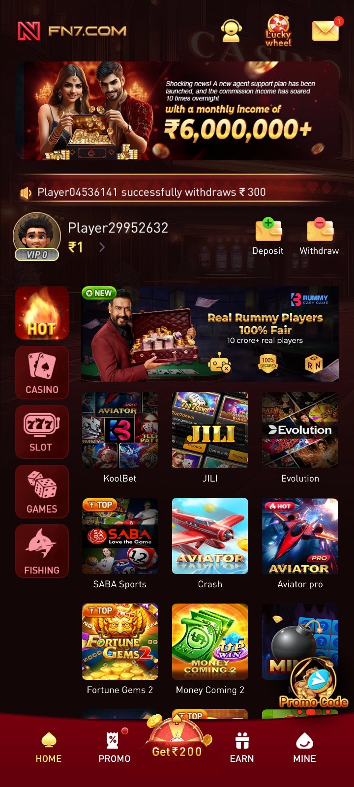FN7 Game App mobile interface on Android smartphone with login and bonus section