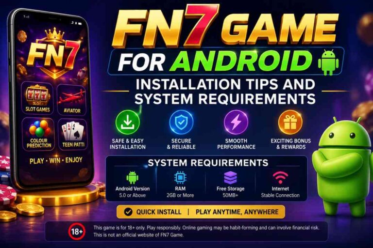 FN7 Game for Android installation guide showing APK download and system requirements on an Android smartphone